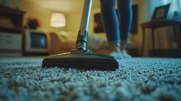 Person vacuuming a carpet in a cozy living room during the evening, with warm lighting creating a comfortable atmosphere photo
