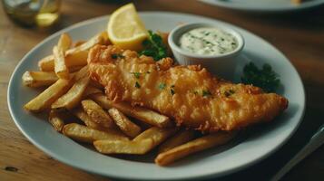 Crispy fried fish with golden fries and tartar sauce served on a white plate at a cozy restaurant photo