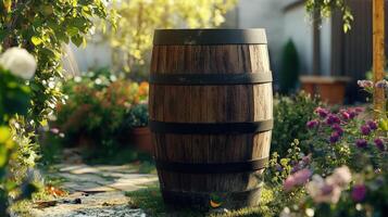 Wooden barrel nestled among vibrant flowers in a garden during late afternoon sunlight photo