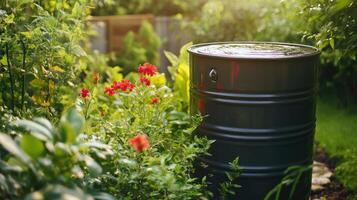Rain barrel surrounded by colorful flowers in a lush garden during the afternoon photo