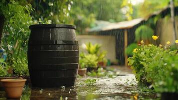 Rain falling on a black barrel surrounded by vibrant garden plants during a rainy afternoon photo