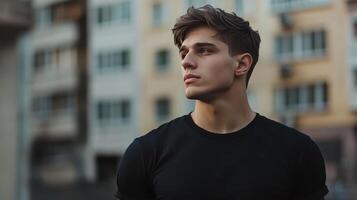 Young man in a black shirt stands confidently in an urban setting during the afternoon light photo