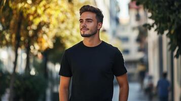 Young man walking confidently on a sunny urban street surrounded by greenery in the afternoon photo