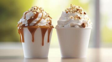 Two desserts with whipped cream and toppings on a table in a bright, sunny setting photo