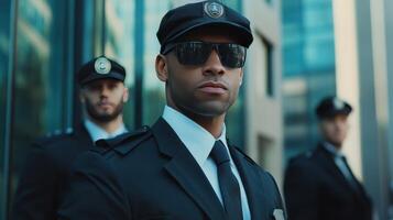 Security personnel in suits and sunglasses at an urban location during daylight photo
