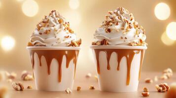 Delicious creamy desserts topped with nuts and caramel, set against a warm, softly blurred background photo