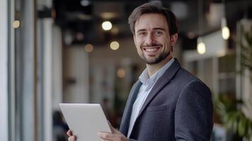 Professional man with a tablet smiles in a modern office setting during the day photo