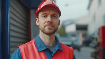 Young construction worker in safety gear standing confidently outside a warehouse during daylight hours photo