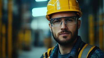 Construction worker wearing safety gear in an industrial setting during the day photo