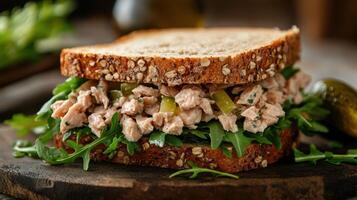 Tuna salad sandwich made with whole grain bread, arugula, and pickles on a rustic wooden surface photo