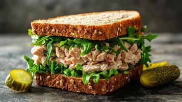 Fresh tuna salad sandwich with arugula and pickles on whole grain bread photo