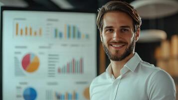 Smiling professional in a modern office during a business presentation with data charts photo