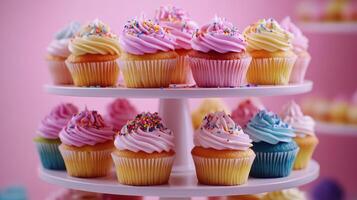 Colorful cupcakes displayed on a tiered stand at a bakery with a pastel background during a festive gathering photo