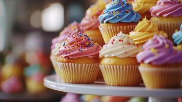 Colorful cupcakes with vibrant frosting and sprinkles displayed on a tiered stand in a bakery during a sunny afternoon photo