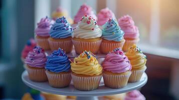 Colorful cupcakes on a tiered stand with bright frosting and sprinkles in natural light photo
