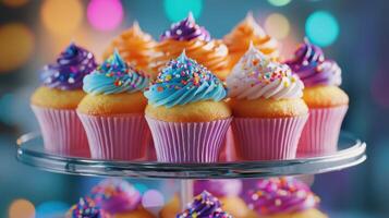 Colorful cupcakes displayed on a tiered stand with festive sprinkles during a party celebration photo