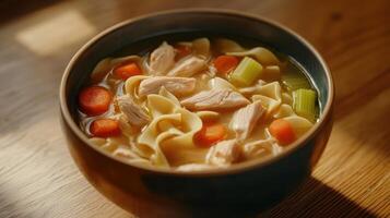Homemade chicken noodle soup in a bowl with carrots and celery on a wooden table in warm lighting photo