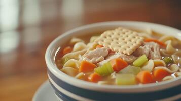 A warm bowl of chicken noodle soup with vegetables and crackers served on a rustic wooden table photo