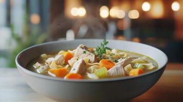 Homemade chicken noodle soup with vegetables served in a bowl on a wooden table in a cozy restaurant during dinner time photo