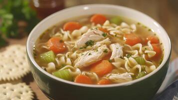 Homemade chicken noodle soup with carrots and celery served in a bowl with crackers on the side photo