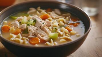 Hearty chicken noodle soup in a warm bowl served on a wooden table during a cozy winter afternoon photo