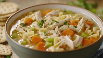 Homemade chicken noodle soup with carrots, celery, and herbs served in a bowl on a wooden table with crackers photo
