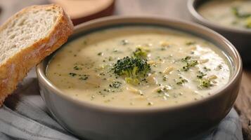 Creamy broccoli soup served in a bowl with bread on a wooden table during a cozy afternoon photo