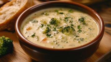 Creamy broccoli soup served in a bowl with fresh herbs and bread on a wooden table photo