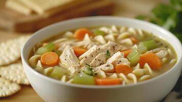 Homemade chicken noodle soup with fresh vegetables served in a white bowl photo
