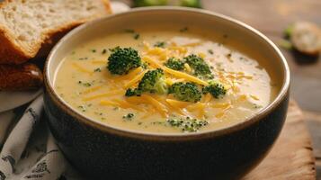 Creamy broccoli cheddar soup served in a dark bowl with crusty bread on a wooden table photo