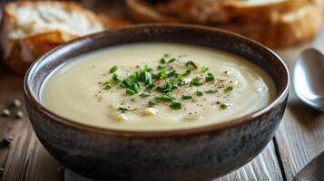 Delicious creamy soup served in a rustic bowl with fresh herbs and crusty bread on a wooden table photo