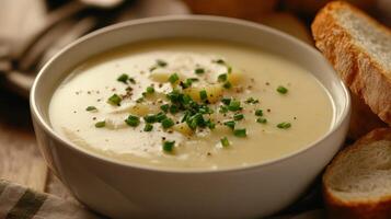 Creamy potato soup served with slices of fresh bread on a wooden table in a cozy kitchen setting photo
