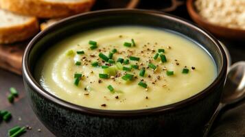 Creamy potato soup served in a dark bowl with fresh chives on top alongside slices of bread and rustic wooden decor photo