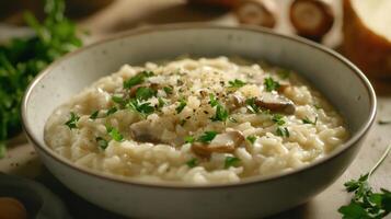 Creamy mushroom risotto with fresh herbs served in a bowl, garnished with cheese and black pepper on a rustic kitchen table photo