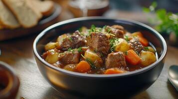 Hearty vegetable and beef stew served in a bowl on a wooden table with bread in the background photo