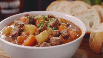 Hearty beef stew with potatoes and carrots served with fresh bread photo