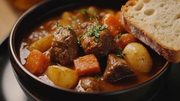 Hearty beef stew with carrots and potatoes served with crusty bread in a rustic kitchen setting photo