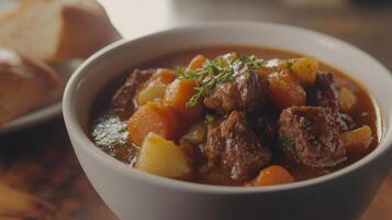 Delicious beef stew with vegetables served in a ceramic bowl on a wooden table with bread rolls nearby photo