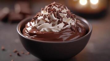 Decadent chocolate mousse topped with whipped cream and chocolate shavings in a dark bowl, beautifully presented for dessert photo