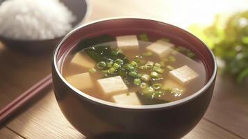 Delicious bowl of miso soup with tofu and green onions, served on a wooden table alongside rice and fresh herbs photo