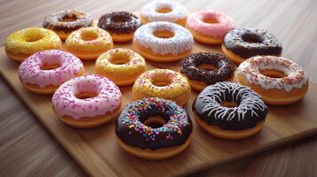Assorted colorful donuts arranged on a wooden board at a cozy cafe setting photo
