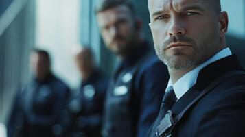 A group of security personnel stands alert outside a modern building during daytime photo