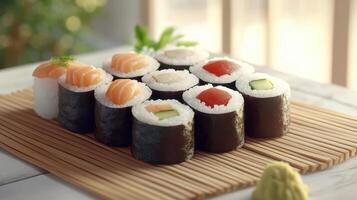 Fresh sushi rolls arranged on a bamboo mat in a bright dining area with natural light, showcasing a variety of fish and vegetables photo