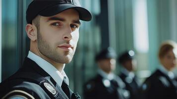 Young security officer stands watch at an urban location during daylight, observing surroundings with fellow officers nearby photo