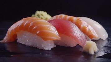 Fresh sushi assortment featuring sashimi and nigiri served with wasabi on a dark stone platter photo