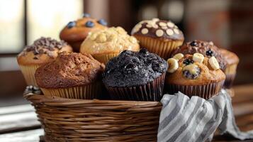 Freshly baked muffins displayed in a wooden basket on a rustic table photo