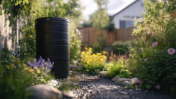 A black rain barrel in a vibrant garden surrounded by colorful flowers and stones on a sunny day photo