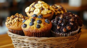 Delicious assortment of freshly baked muffins with blueberries, bananas, and chocolate displayed in a woven basket on a wooden table photo