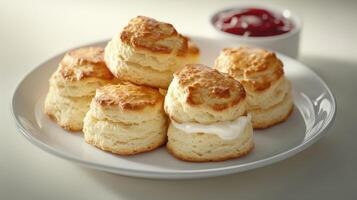 Freshly baked biscuits served with cream and strawberry jam on a white plate photo