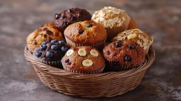 Delicious variety of homemade muffins in a woven basket on a rustic table photo